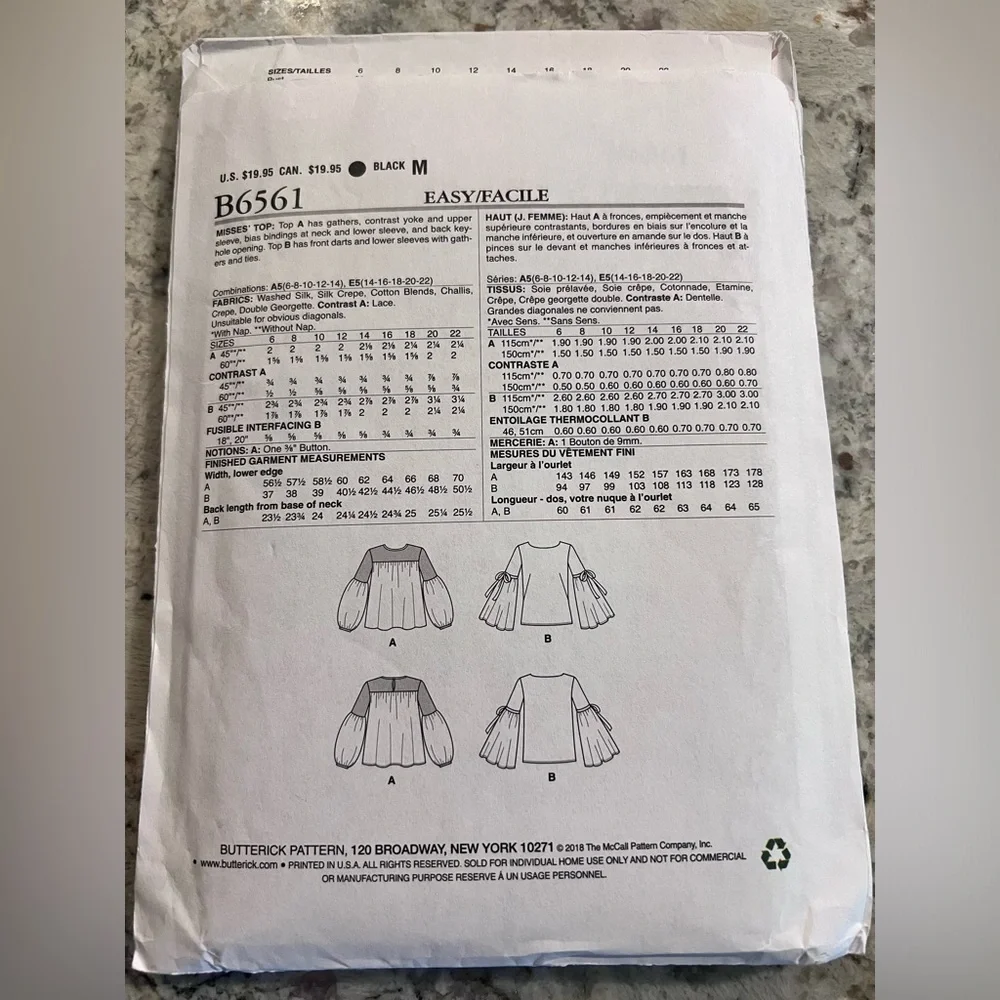 🍄3 for $20 Butterick Lisette B 6561 uncut women’s blouse size 14–22 - Picture 2 of 2